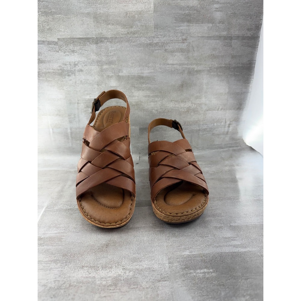 Born Brown Leather Woven Wedge Sandals Women Sz 8 BR0021206 Slingback Cork Heel